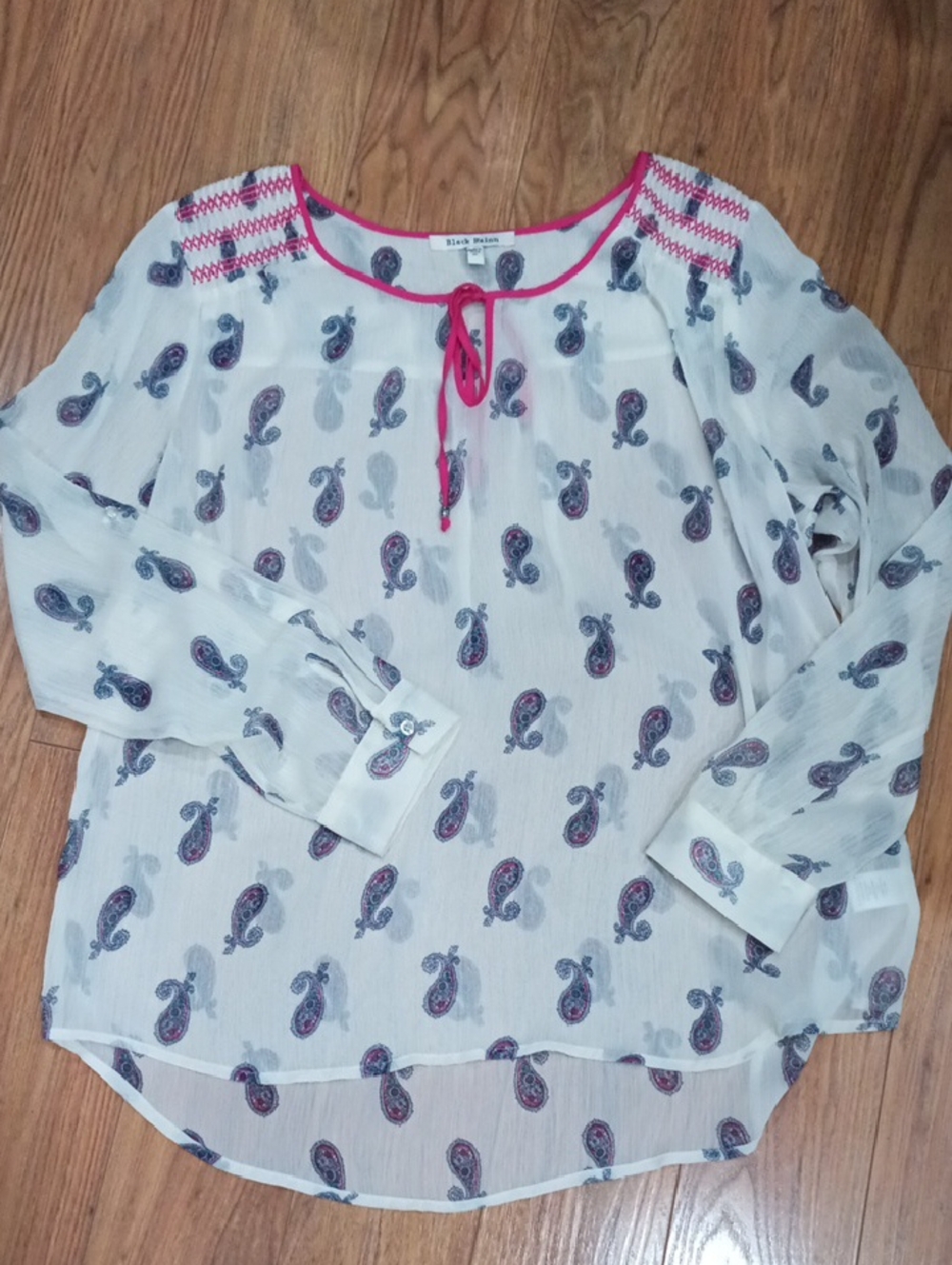 Black Rainn White Paisley Girls Long-Sleeve Top with Pink Trim
